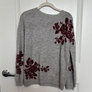 Women's Gray Sweater with Burgundy Floral Accents